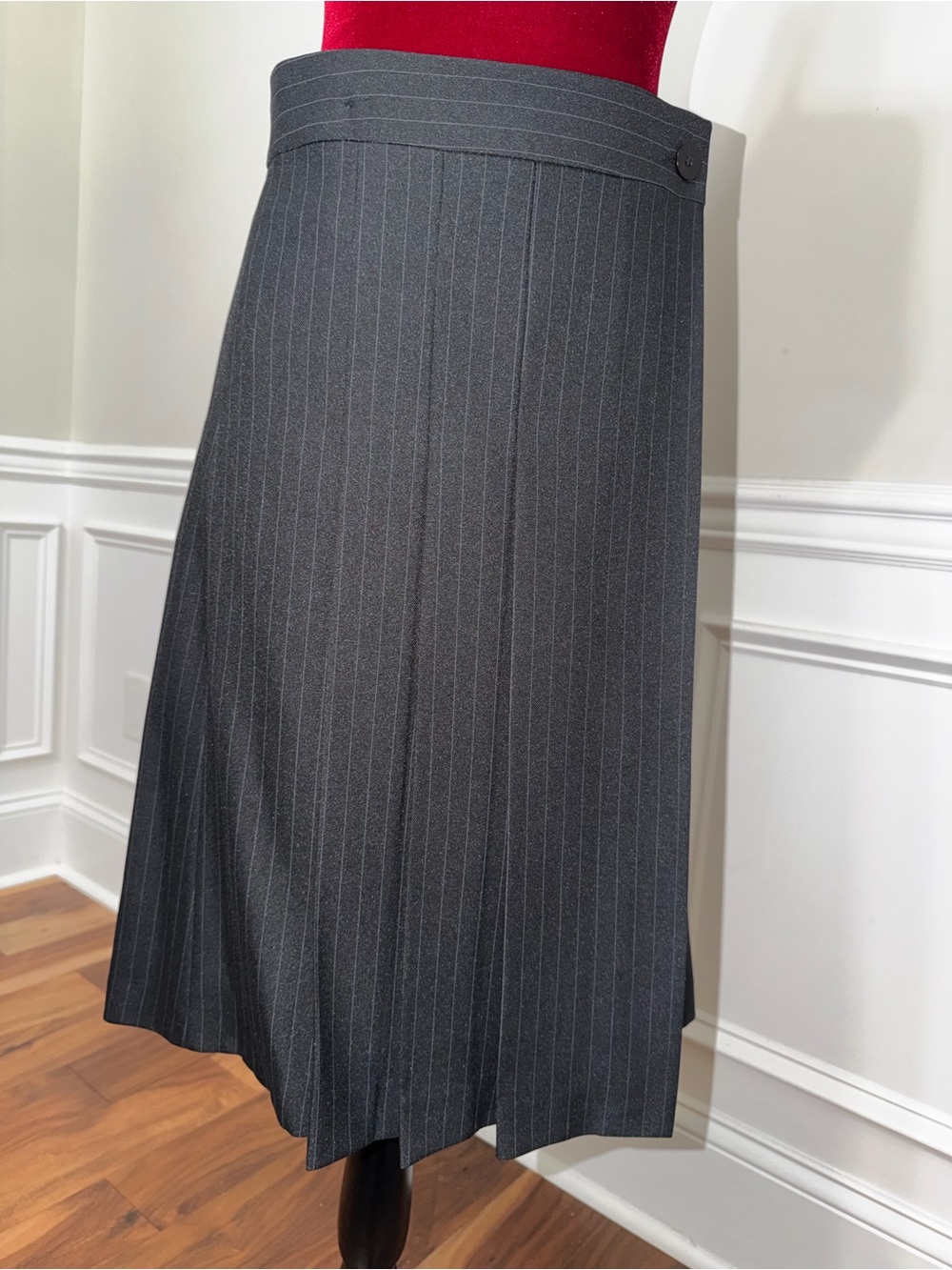 Vintage Charcoal Gray Pinstripe Pleated‎ Wrap Skirt | Wool Blend Academic Midi